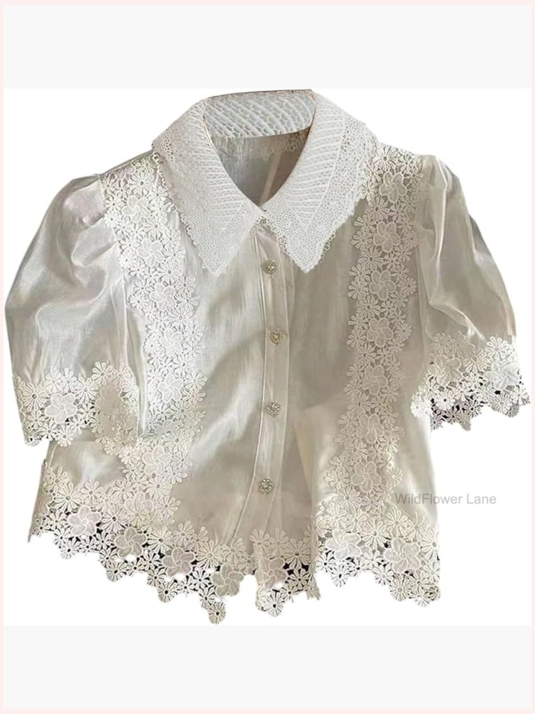 Women's Floral Embroidered Button Down Blouse Short Sleeve Tunic Top